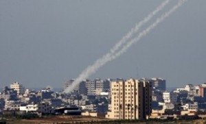 Trails of smoke are seen after launch of rockets from Gaza