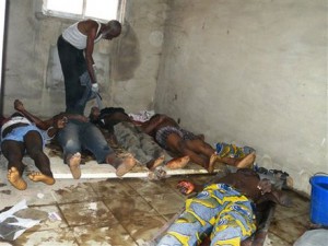 Bodies of people alleged to have been killed in a Friday attack on a town hall meeting of the Christian Igbo ethnic group lie on the floor in a hospital morgue in Mubi, in the Adamawa state of northern Nigeria, Saturday, Jan. 7, 2012. The town hall attack, which left at least 20 dead, is one of a string of deadly attacks claimed by radical Muslim sect Boko Haram, which has promised to kill Christians living in Nigeria's largely Muslim north. At least 44 people have been killed in the last few days alone. (AP Photo)